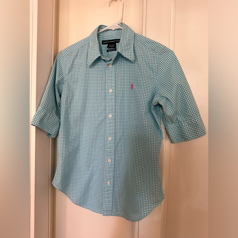 Ralph Lauren Women’s Gingham Short Sleeve Button Up Shirt Size 6 Super Slim Fit